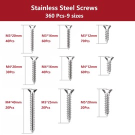 360 Piece Stainless Steel Screws Set, M3/M4/M5 Wood Screws Stainless Steel A2 V2A, Wood Screws Short, Countersunk Head Screws Wood Screws Assortment, Universal Screws Set