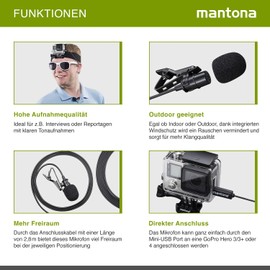 Mantona Lavalier Microphone for GoPro 3/3+/4 (Lavalier Condenser Microphone, 2.8m, Mini USB Plug, GoPro 3 3+ 4)