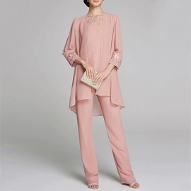 Zongqiven Women's Mother of The Bride Pants Suits Full Length Chiffon Lace 3/4 Sleeve 3 Pcs Wedding Sets Pink