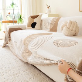 VANJOROY Boho Couch Cover for 2 3 Cushion, Sofa Slipcovers Sectional Sofa L-Shape Washable 100% Organic Chenille Couch Cover for Dogs Pets, Sofa Cover Protector Soft with Tassel,71"x 118" Khaki