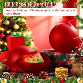 Weysat 4 Pcs 8 Inch Extra Large Fillable Christmas Ball Ornaments Giant Matte Red Plastic Christmas Tree Ornaments Balls with Hanging Ribbons for Outside Lawn Yard Tree Decorations