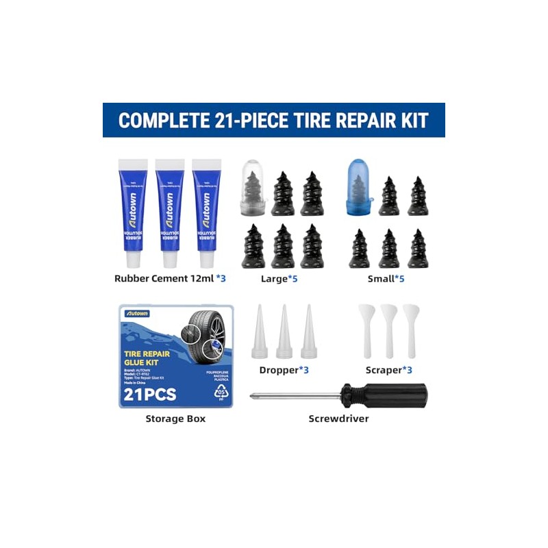 AUTOWN 21PCS Tire Repair Rubber Nail Kit for Cars &