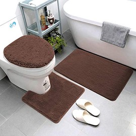 Luxury Home Collection 3 Piece Soft Microfiber Bathroom Rug Set Non-Slip Bath Rug with Rubber Backing, Contour Mat, and Toilet Lid Cover (Brown)