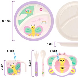 PHEENOWL Kids Dinnerware Set, Divided Plate and Spoon & Fork & Cup BPA Free Eco-Friendly Food Level Dinnerware Toddler Snack Meal Plate Feeding Picky Eater Boys and Girls (Butterfly)