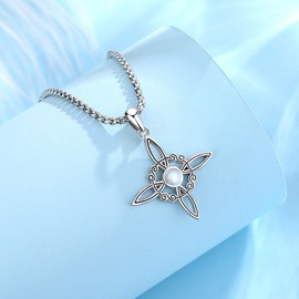 Eudora Hand of Fatima Hamsa Chain Witches Knot Chains for Women S925 Sterling Silver Celtic Knot Moonstone Opal Witcher Necklace Wicca Pendant Amulet Runes Jewellery Gift for Women, Sterling Silver,