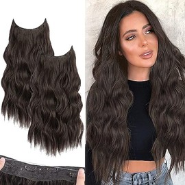 2 Piezas Extensiones de Cabello Ondulado 18 Pulgadas, 3/4 Cabeza Completa Ondulada Extensiones Cabello con Clip Seguros Extraíbles, Tamaño Ajustable, Resistente al Calor Extraíbles y Reutilizables (Castaño Negro)