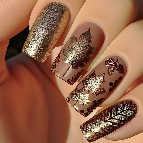 Fall Press on Nails Medium Square Fake Nails with Gold