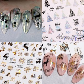 Christmas Nail Art Stickers, Snowflake Nail Decals 3D Self-Adhesive Gold Silver Black Snowflake Elk Snowmen Xmas Tree Winter Nail Design DIY Christmas Nail Decoration for Women Girls(8Sheets)