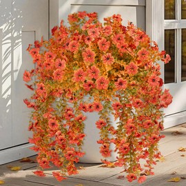 2PCS Artificial Hanging Flowers for Outdoors,UV Resistant No Fade Faux Fall Flowers,Lifelike Fake Hanging Mums Plant for Outdoor Planters Front Door Porch Yard Garden Decor