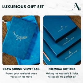 A5 Notebook Travel Journal by Avocado and Spice® A5 Notepad with Gift Box & Velvet Bag - Hardback Daily Planner - A5 Lined Notebook with Bookmark, Elastic Strap, Pen Holder, 200 Pages (Blue, Lined)
