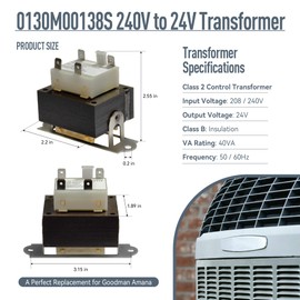 0130M00138S 240V to 24V Transformer. Compatible with Goodman Amana 40VA HVAC Furnace Transformer. 208/240V to 24V Class 2 Control. HVAC Parts Replaces B1141643 PF40224 L38264 4021F with Foot Mount