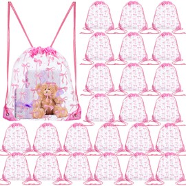 Sunnymove 12 Pcs Pink Bow Drawstring Party Favor Bags Coquette Bow Gift Goodie Transparent Bags Coquette Themed Backpack Pouches for Women Birthday Bachelorette Wedding Bridal Shower Supplies