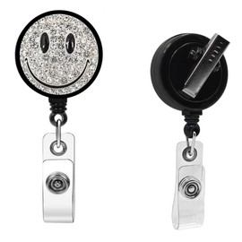 Rhinestone Smiling Face Metal Badge Reel Retractable Lanyards, Alligator Swivel Clamp Clip (Silver, 2)
