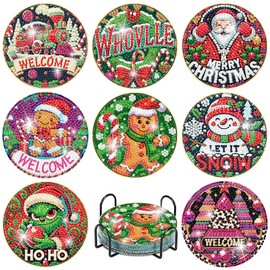 8 Pcs Christmas Diamond Art Coasters Kits with Holder, Santa Claus Diamond Painting Coasters Kits for Adults, DIY 5D Full Drill Round Small Mini Kit Diamond Art Craft Supplies 4X4 Inch