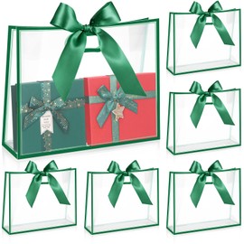 Aliceset 12 Pcs Clear Plastic Gift Bags with Die Cut Handles Reusable Flower Gift Wrapping Bag with Ribbon for Wedding Bridal Shower Baby Shower Birthday Party Business, 12 x 10 x 5'' (Green)