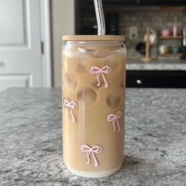 Coquette Bow Glass Cup with Reusable Straw and Lid - Bow Color: Black