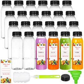 YOUEON 24 Pcs 8 Oz/250 ml Empty Plastic Juice Bottles with Tamper Evident Caps, Reusable Water Bottles, Juice Containers with Labels, Funnel and Brush for Drinks, Juices, Smoothies and Other Beverages