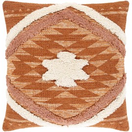Hauteloom Shepardsville Decorative Throw Pillow Cover - Sofa Couch Cushion Cover - Boho Farmhouse Lumbar Pillow Cover -%100 Cotton - Orange, Beige - 18" x 18"