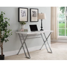 KB Designs - Modern Home Office Workstation Computer Desk, White/Chrome