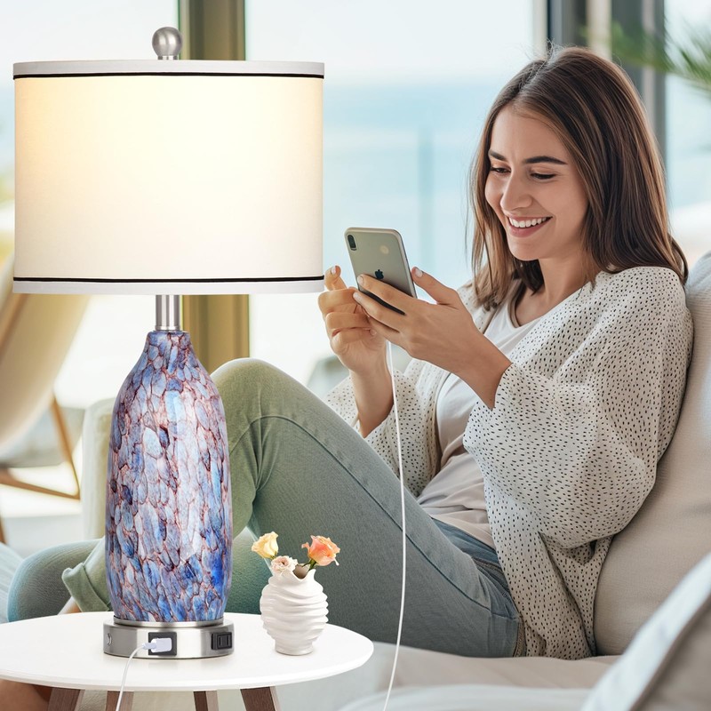 Coastal Lamps with USB A+C Ports & LED Night Light,