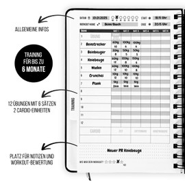 GYMWRKT Premium Training Diary Strength Training German with Pen - A5 - Gym Log Book, Fitness Diary to Fill In - Workout Planner, Fitness Journal for Men & Women - Training Planner