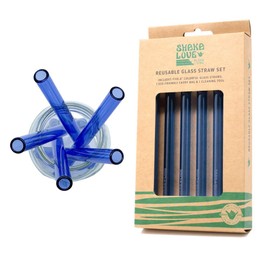 SHAKA LOVE Reusable Glass Drinking Straw Set- Stylish, Durable, Shatter-Resistant - Set of 5 Colorful Blue Glass Drinking Straws with Cleaning Tool & Travel Carry Bag (Ocean Blue, 9)