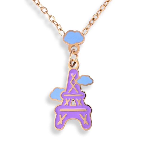 Enamel Eiffel Tower w/ Clouds Necklace, Stainless Steel w/ 18k