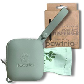 Pawtria Premium Silicone Doggie Waste Bag Dispenser (Green) BPA Free Dog Poop Bag Holder for Leash Soft Puppy Potty Carrier Doggy Zipper Pouch with 1 Roll of Home Compostable Dog Poop Bags Give Back