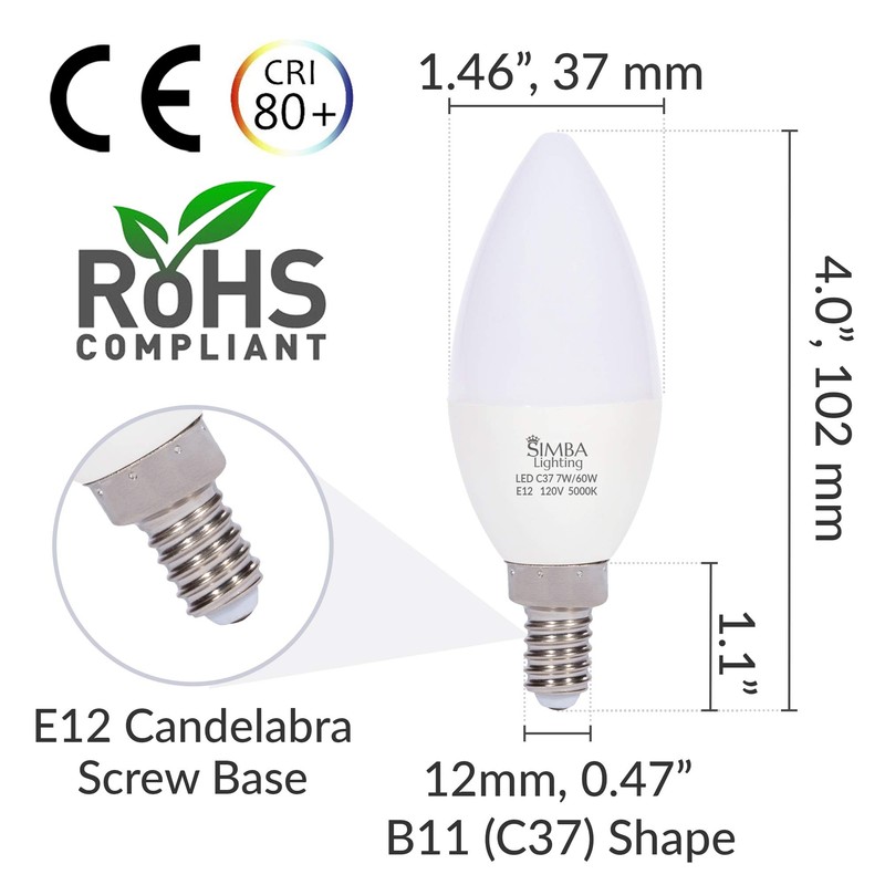 Simba Lighting LED Candelabra Light Bulbs B11 (C37) Candle Shape