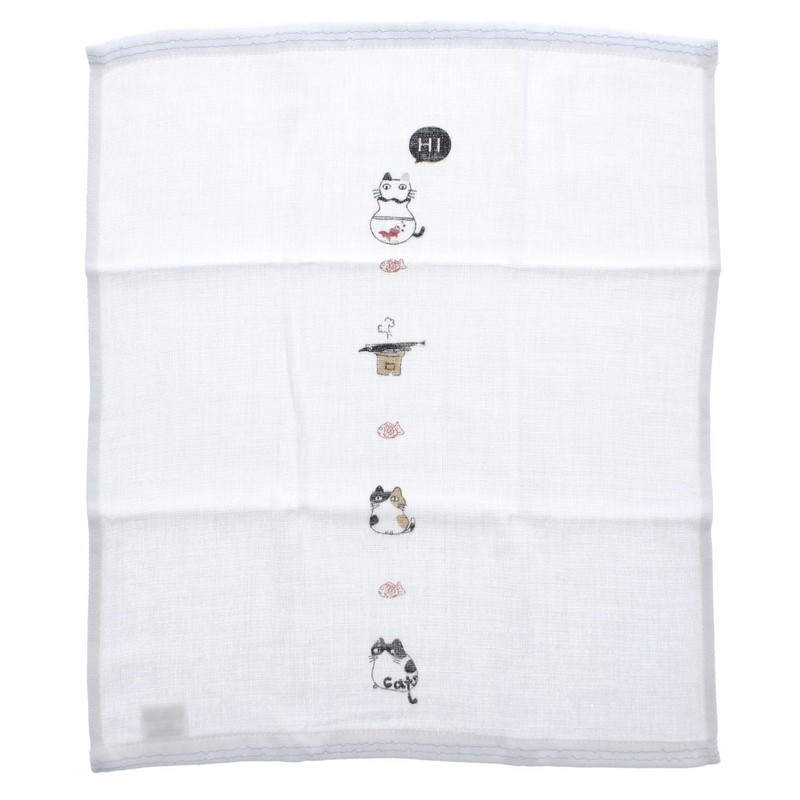 Imabari Towel, Handkerchief, Gauze, Hot Towel, Nyanko, Blue, 13.0 x