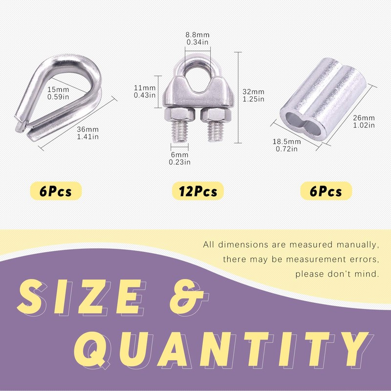 Swpeet 24Pcs M6 (1/4") Wire Rope Accessory Set, Included M6