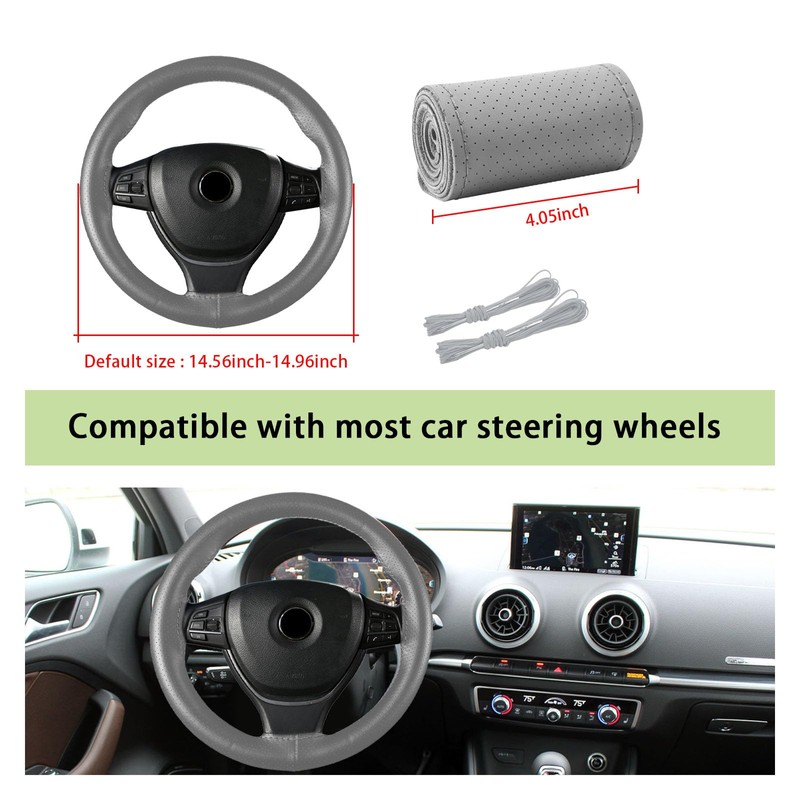 Kewucn Genuine Leather Steering Wheel Cover, 15" Universal Car Steering