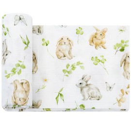 LifeTree Baby Swaddle Blankets, Muslin Swaddle Blankets Boys Girls Swaddling Wrap Receiving Blanket for Newborn, 70% Viscose Bamboo and 30% Cotton, Large 47" x 47", Leaf & Rabbit Pattern