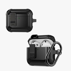KZIOACSH Case for AirPods 4/AirPods 4th Generation, Full-Coverage Hard PC + Soft TPU Shockproof Protective Cover [Reinforced Protection] Anti-Lost Rugged Carrying Case with Keychain Hook,Black