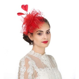 Fascinators Hat Flower Mesh Ribbons Feathers on a Headband and a Clip Tea Party Headwear for Girls and Women… (Polyester, hj04-New Red)