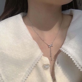 Yheakne Vintage Crystal Bow Choker Necklace Cz Bowknot Pendant Necklace Tiny Bow Tie Drop Necklace Silver Bead Y Lariat Necklace Jewellery for Women and Girls