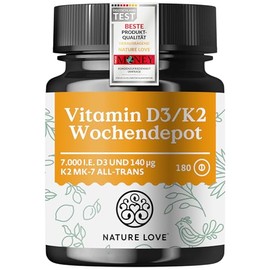 Nature Love Vitamin D3 K2 Weekly Depot - 180 Vegan Tablets - 7000IE D3 + 140µg K2 per Tablet with >99.7% All-Trans - High Dose & Vegan - Laboratory Tested, Produced in Germany