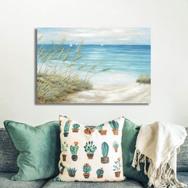Coastal Seascape Canvas Wall Art: Beach Path Painting Elegant Blue Ocean Scene Abstract Sea SailBoat Picture Large Nautical Seaside Grass Prints Hand Painted Artwork for Bathroom Bedroom Living Room