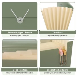 SKYDUE Accordion File Organizer, Expanding File Folder with 7 Pockets, Portable Receipt Paper Bill Document Organizer, Letter/A4 Size Filing Folder School Office Supplies, MossGreen