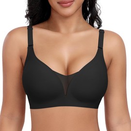 Bras for Women Mesh V Neck No Underwire Wireless Everyday Bra with Comfort Lift Push Up Seamless Bralettes for Women with Bra Extender(Black,X-Large)