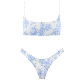 VOLAFA - Bikini triangular para mujer, con estampado de volantes, fruncido, elástico, de dos piezas, Azul/claro, 8