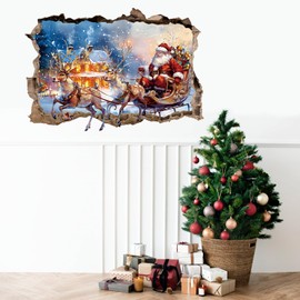 HLNIUC Christmas Wall Sticker 3D Crack 35”x24”Santa Sleigh Wall Decal Large Christmas Window Cling Santa Claus Oil Painting Room Sticker 3D Broken Wall Winter Wall Decor Xmas Elk Room Decals for House