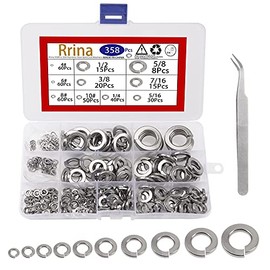 Rrina 358Pcs 304 Stainless Steel Split Lock Washers Assortment Kit,Spring Lock Washer 9 Sizes 4# to 5/8
