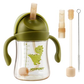 Joypony Sippy Cups for Toddlers 1-3, Spill Proof Weighted Straw Cup with Handle for Baby 6 Months + old, 2 Silicone Straws, PPSU, BPA Free, 9 oz (Green)