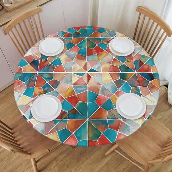 AIMASTZ Elastic Edged Round Fitted Geometry Mosaic Table Cloth Cover