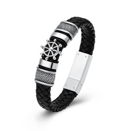 Hearbeingt Rudder Cremation Urn Bracelet for Ashes Braided Leather Compass Urn Bangle for Men Women Memorial Ashes Bracelet(Silver 24cm)