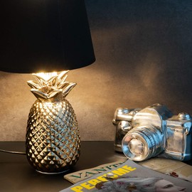 Navaris Gold Pineapple Table Lamp - Mini Lamp 13.8" Tall Light with Ceramic Base for Tables - with E12 Candelabra Bulb Socket - Small, Black Shade