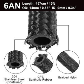 15ft 6AN Fuel Hose AN6 3/8 Universal Braided Nylon Stainless Steel CPE Oil Fuel Gas Line Hose Black