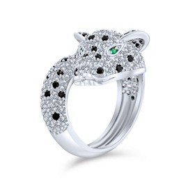 Bling Jewelry Green Eye Black White Cubic Zirconia CZ Fashion Leopard Panther Cat Statement Bypass Ring for Women Silver Plated Brass