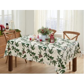 Newbridge Joyful Holly Country Rustic Vinyl Christmas Tablecloth with Flannel Backing, Holly and Berries Winter Holiday Vinyl Flannel Back Tablecloth, 52 in x 70 in Oblong/Rectangle